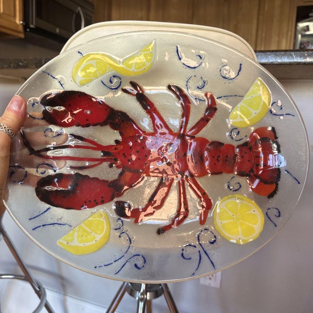 Vintage DuRu Fused Glass Lobster Platter 14x11 Signed Large Coastal Tray